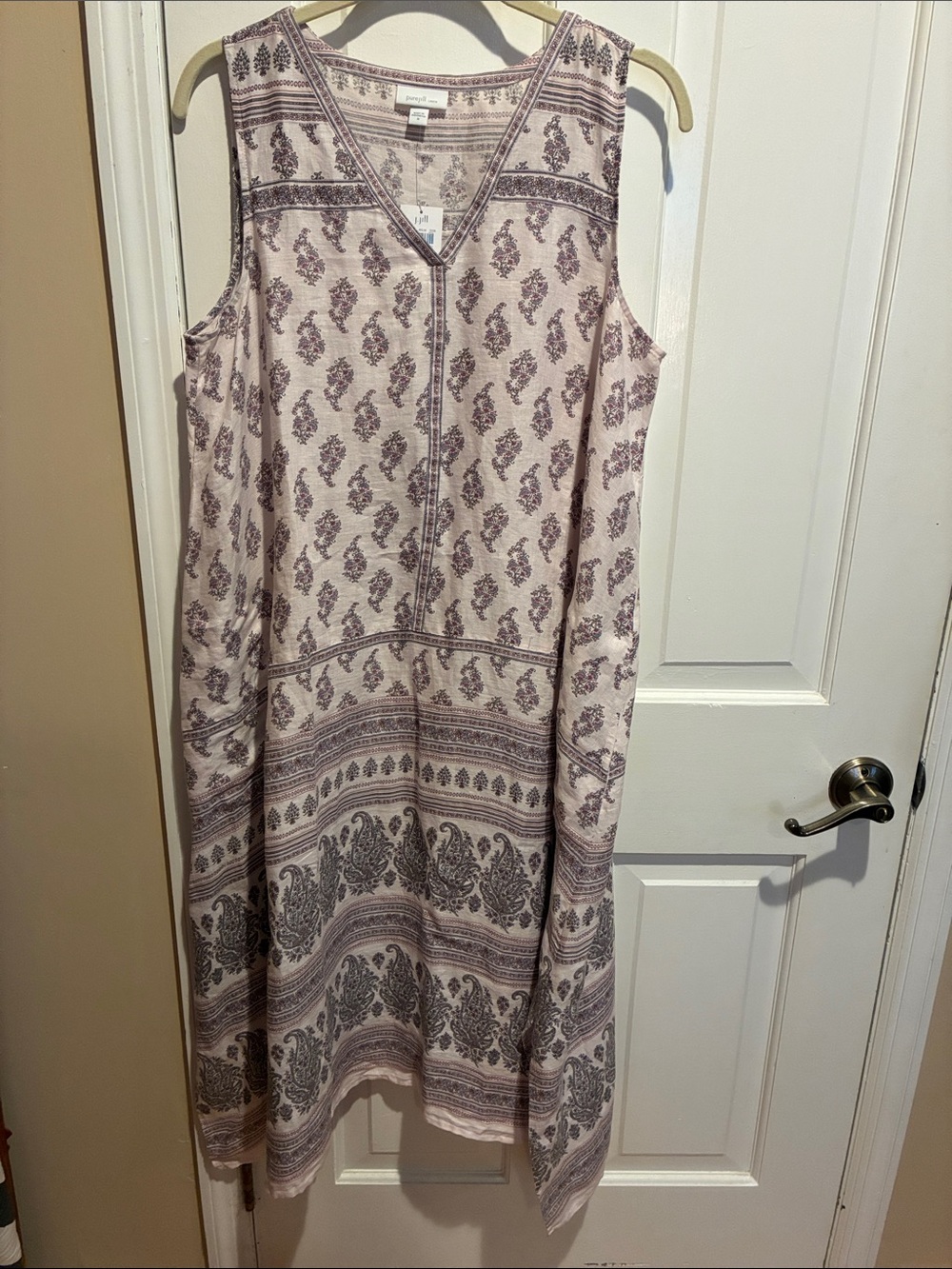 J. Jill Sleeveless V-Neck Linen Midi Dress in Pale Pink and Mauve Paisley